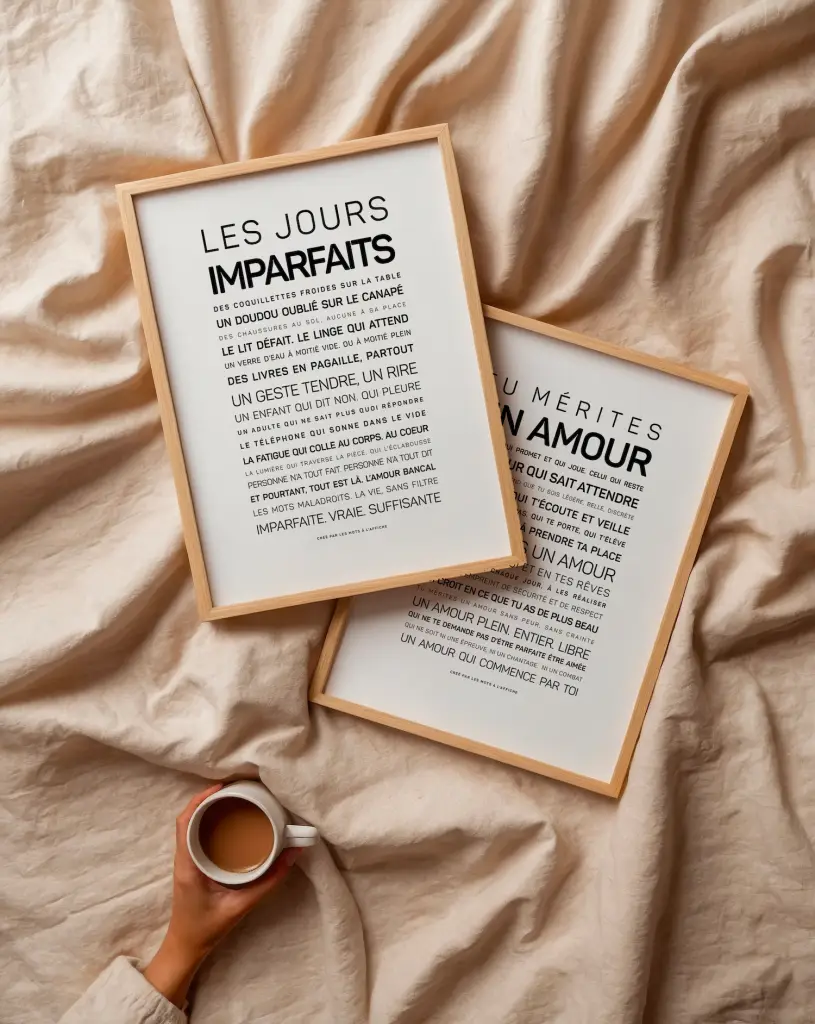 Deux tirages encadrés "Tu mérites un amour" avec des citations françaises reposent sur un tissu beige, tandis qu'une main tenant une tasse de café apparaît dans le coin inférieur gauche.