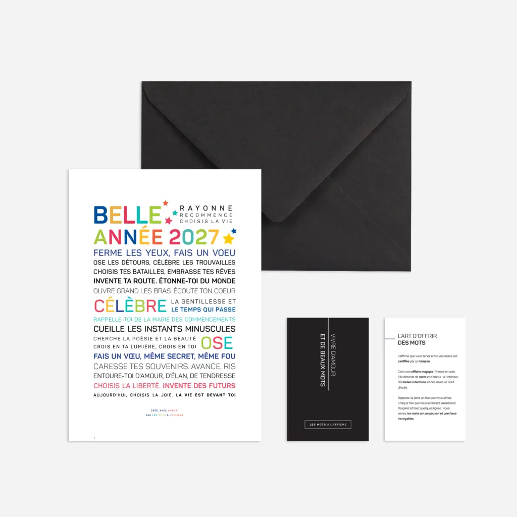 Un coffret de cartes de vœux françaises « 2026, bonne année » comprenant une carte au texte coloré, accompagnée d’une enveloppe noire et de deux petites cartes en noir et blanc, le tout présenté sur un fond blanc.