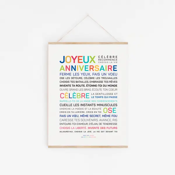 L'affiche "Joyeux anniversaire (couleurs)" est blanche et comporte un texte français en gras et en couleurs. La mention "Joyeux Anniversaire" figure en haut de l'affiche, tandis que des phrases de motivation de différentes couleurs et tailles sont centrées en dessous.