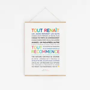 Affiche “Tout renaît” – une création poétique et lumineuse signée Les mots à l’affiche. Une affiche positive sur la renaissance, l’espoir et le mouvement du monde.