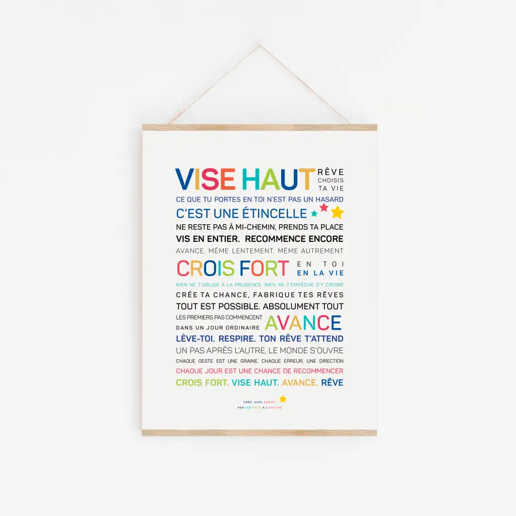 Une affiche de motivation française intitulée "Joyeux anniversaire (couleurs)" avec un texte coloré et des phrases édifiantes comme "VISE HAUT", "CROIS FORT" et "AVANCE" pour inspirer et encourager.