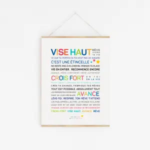 Une affiche de motivation française intitulée "Joyeux anniversaire (couleurs)" avec un texte coloré et des phrases édifiantes comme "VISE HAUT", "CROIS FORT" et "AVANCE" pour inspirer et encourager.