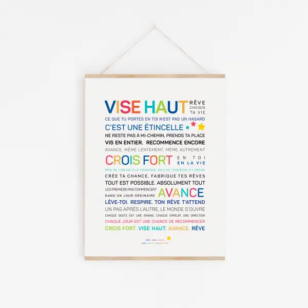 Une affiche de motivation française intitulée "Joyeux anniversaire (couleurs)" avec un texte coloré et des phrases édifiantes comme "VISE HAUT", "CROIS FORT" et "AVANCE" pour inspirer et encourager.