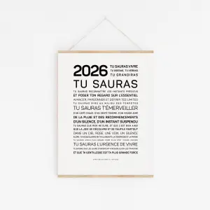 Une affiche minimaliste intitulée "2026, ose te choisir" présente des affirmations de motivation et des conseils de vie en français, en caractères noirs gras sur fond blanc.