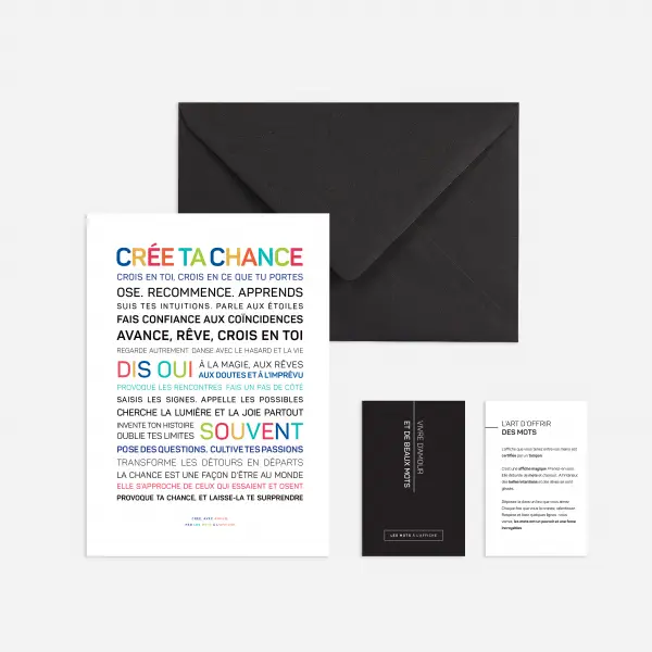 Affiche colorée “Crée ta chance” de Les mots à l’affiche, affiche poétique et inspirante imprimée en France sur papier d’art.