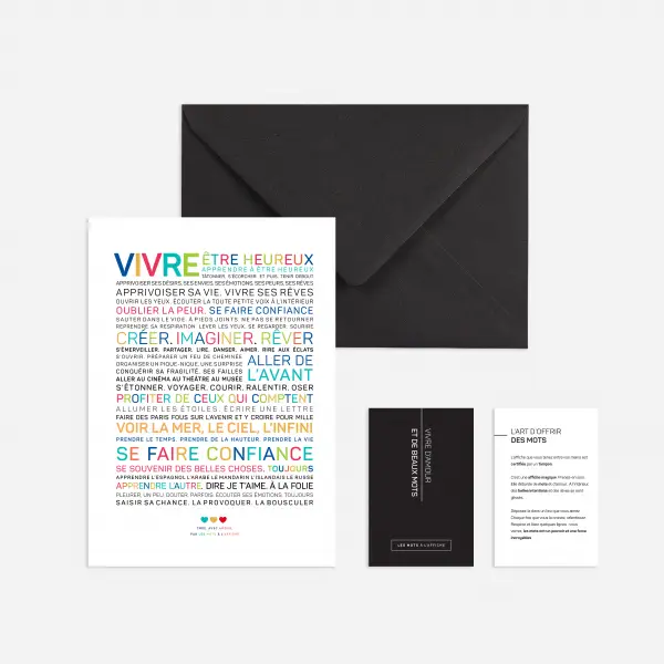 Affiche “Vivre” – édition limitée couleur. L’affiche fondatrice de Les mots à l’affiche, poétique et inspirante, pour oser vivre pleinement chaque instant.