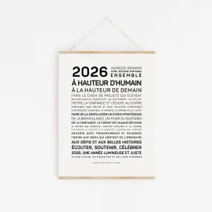 L'affiche "2026, à hauteur d'humain - pro" présente un texte motivant en français sur la croissance, la confiance et les valeurs humaines pour 2026, imprimé en noir sur fond blanc dans un style minimaliste.