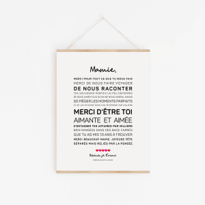 L'Affiche Mamie A3 perso Michel est une impression encadrée avec un message français de gratitude et d'amour pour une grand-mère, combinant des styles de texte gras et réguliers et finis avec des cœurs décoratifs en bas.