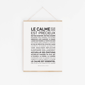 Une affiche blanche intitulée "Le calme est précieux" comporte un texte français en noir sur la valeur du calme, avec des phrases surlignées telles que "LE CALME EST PRÉCIEUX" et "ACCUEILLIR SES ÉMOTIONS".