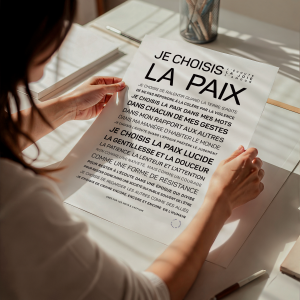 Une personne est assise à une table et tient une affiche imprimée intitulée "Etre sourde", qui contient un texte en français sur le choix de la paix. Des crayons et du papier sont également visibles sur la table.