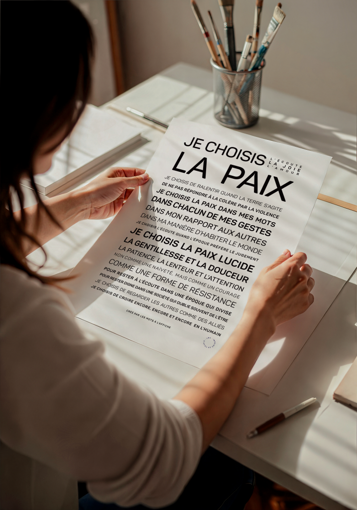 Une personne est assise à une table et tient une affiche imprimée intitulée "Etre sourde", qui contient un texte en français sur le choix de la paix. Des crayons et du papier sont également visibles sur la table.