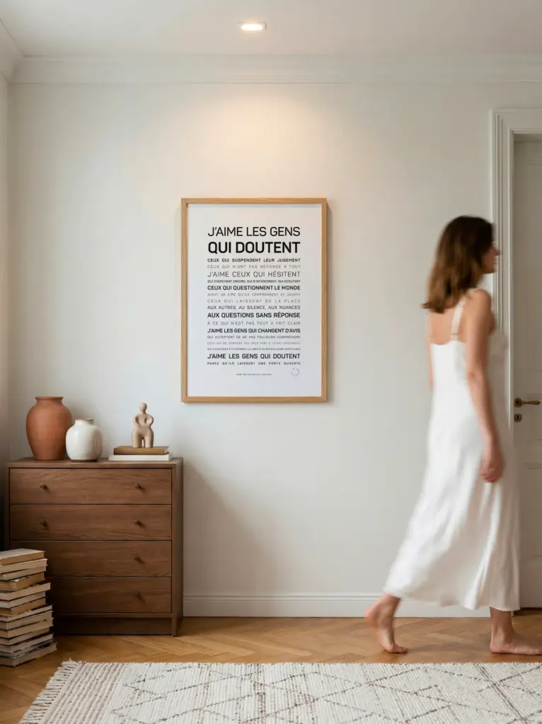Une femme vêtue d'une robe blanche passe devant une commode en bois, sous une affiche encadrée portant l'inscription « J'aime les gens qui doutent », accrochée sur un mur blanc dans une pièce moderne et épurée.