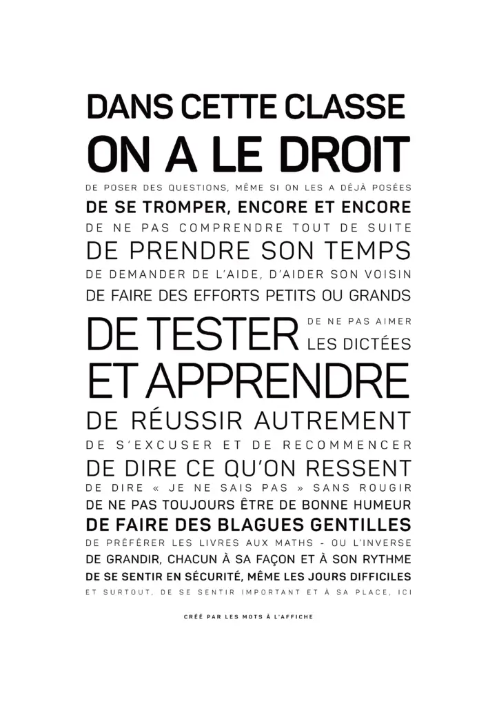 Affiche de classe en français, ou mots affiche, énumérant les droits des élèves : poser des questions, faire des erreurs, aider les autres, apprendre différemment, exprimer ses sentiments et faire des blagues gentilles. Texte en noir sur fond blanc.