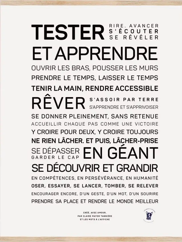 Affiche mettant en avant des expressions françaises percutantes sur le thème des examens, de l'apprentissage, des rêves, de l'épanouissement et de la découverte de soi, en lettres noires sur fond beige, agrémentée du logo d'une école française en bas de l'affiche.