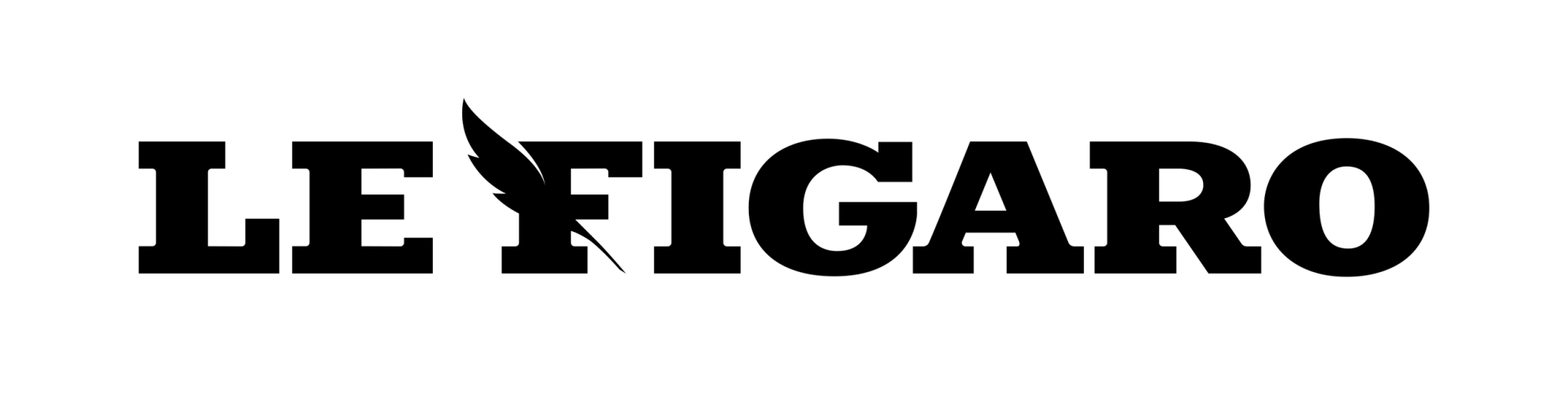 Logo du Figaro en caractères noirs gras, avec un motif de plume intégré à la lettre « F », sur fond blanc.