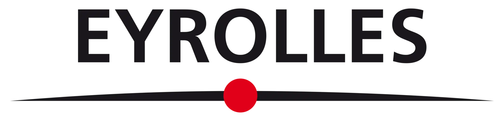 Logo Eyrolles composé d'un texte noir au-dessus d'un arc noir, avec un point rouge centré sous les lettres « R » et « O », sur fond blanc.
