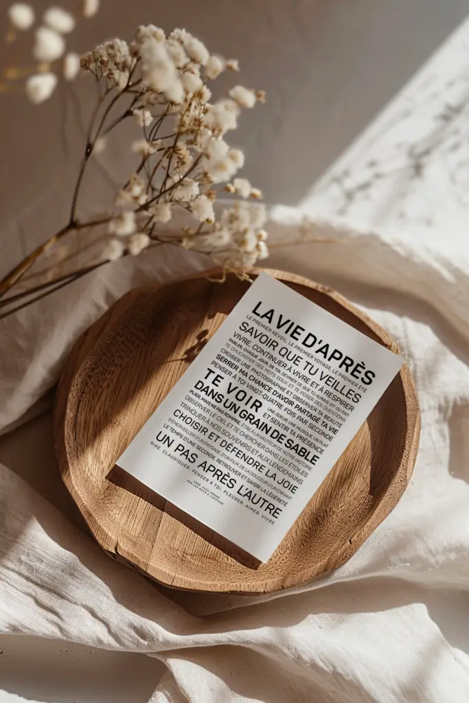 Une carte postale portant un texte en français repose sur une assiette en bois, entourée de tissu blanc et de fleurs séchées, baignée d'une douce lumière naturelle.