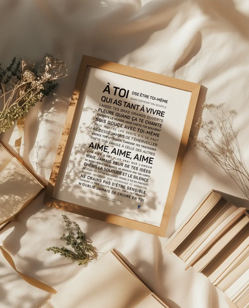 Une citation motivante en français, encadrée, repose sur un tissu blanc, entourée de livres et de fleurs séchées, baignée par la douce lumière du soleil.