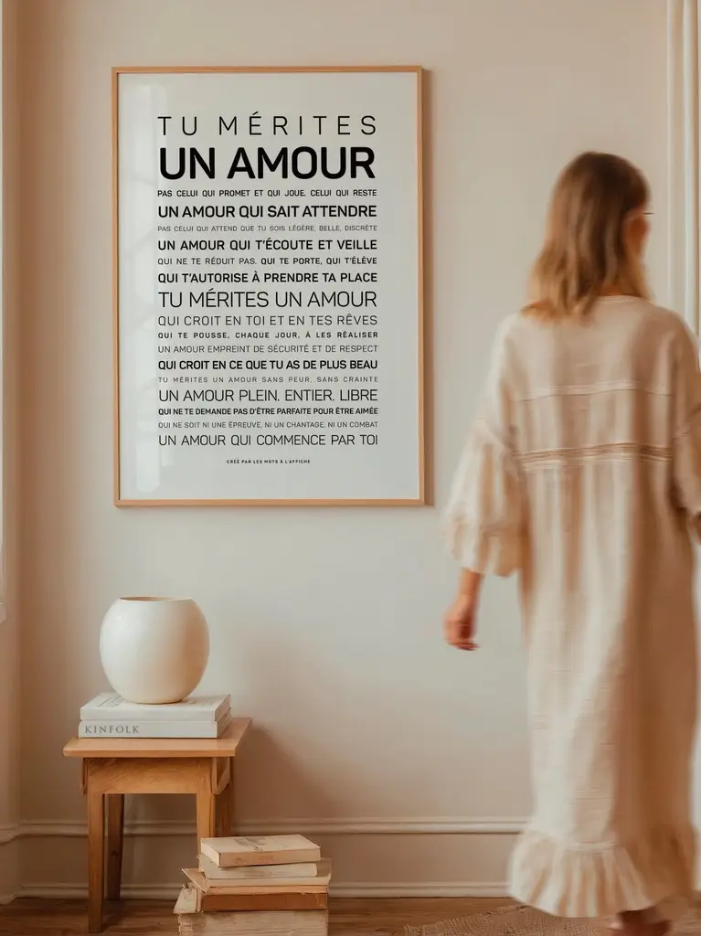 Une personne vêtue d'une robe légère passe devant une affiche encadrée comportant un texte en français, accrochée au mur. Sur une petite table placée en contrebas se trouvent un vase rond et des livres, créant ainsi une scène d'intérieur minimaliste et chaleureuse.