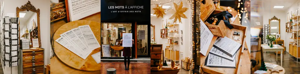 Collage représentant une boutique comprenant un grand miroir, des meubles en bois, des cartes imprimées, des étoiles décoratives et une entrée de magasin surmontée d’une enseigne « Les Mots à l’Affiche ».