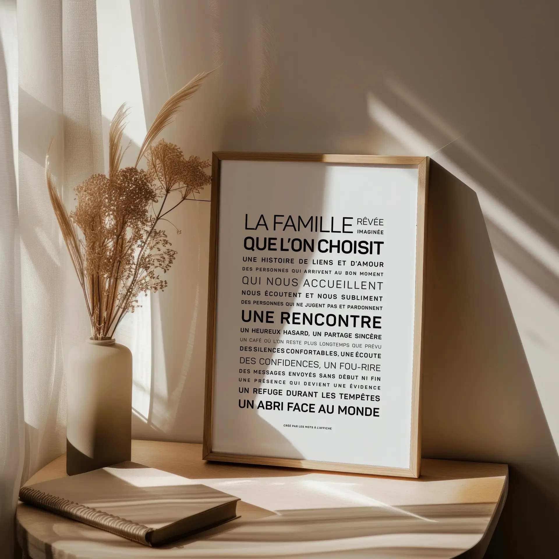 Une reproduction encadrée d'une citation en français posée sur une table en bois, avec de l'herbe séchée dans un vase ; la lumière du soleil filtre à travers un voilage dans une pièce baignée d'une lumière douce.