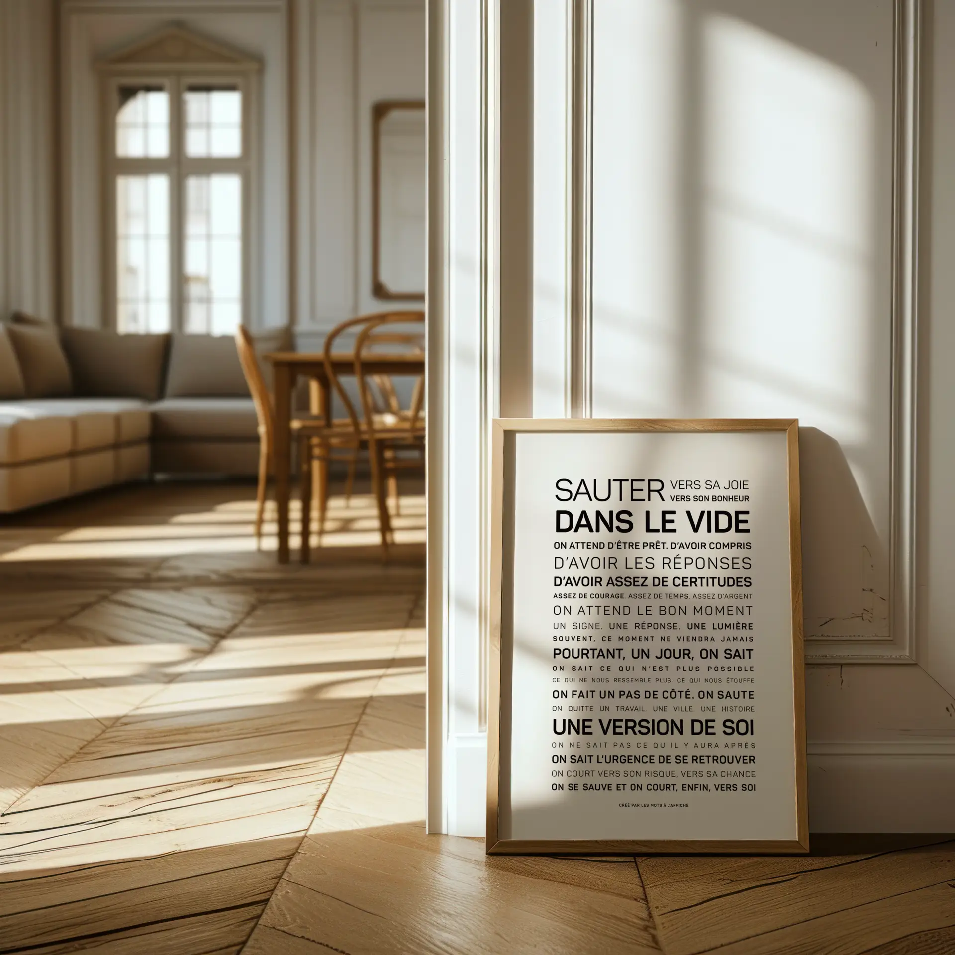 Une citation en français encadrée repose sur un parquet à chevrons, devant un mur blanc, dans un salon baigné de soleil, avec un canapé et des fauteuils en arrière-plan.