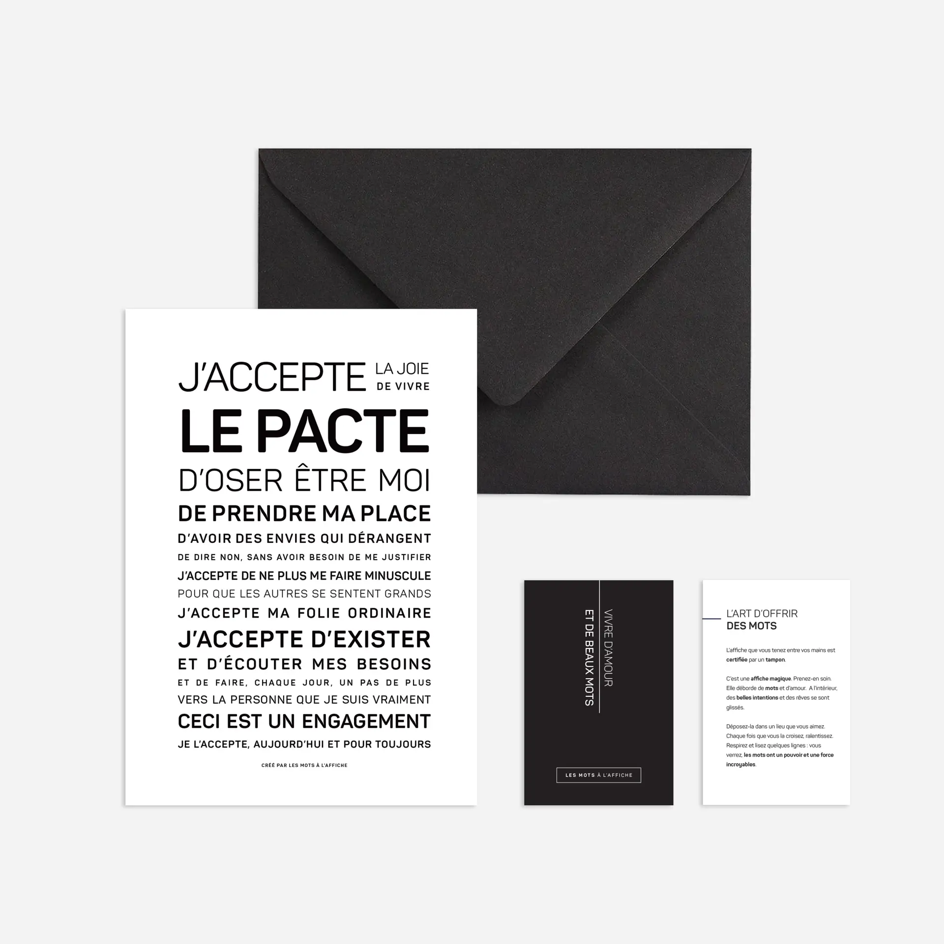 Un lot comprend une enveloppe noire, une carte blanche sur laquelle figure en gros caractères une phrase en français : « Dans cette école, on a le droit », ainsi que deux petites cartes — une noire et une blanche — comportant chacune un message supplémentaire en français.