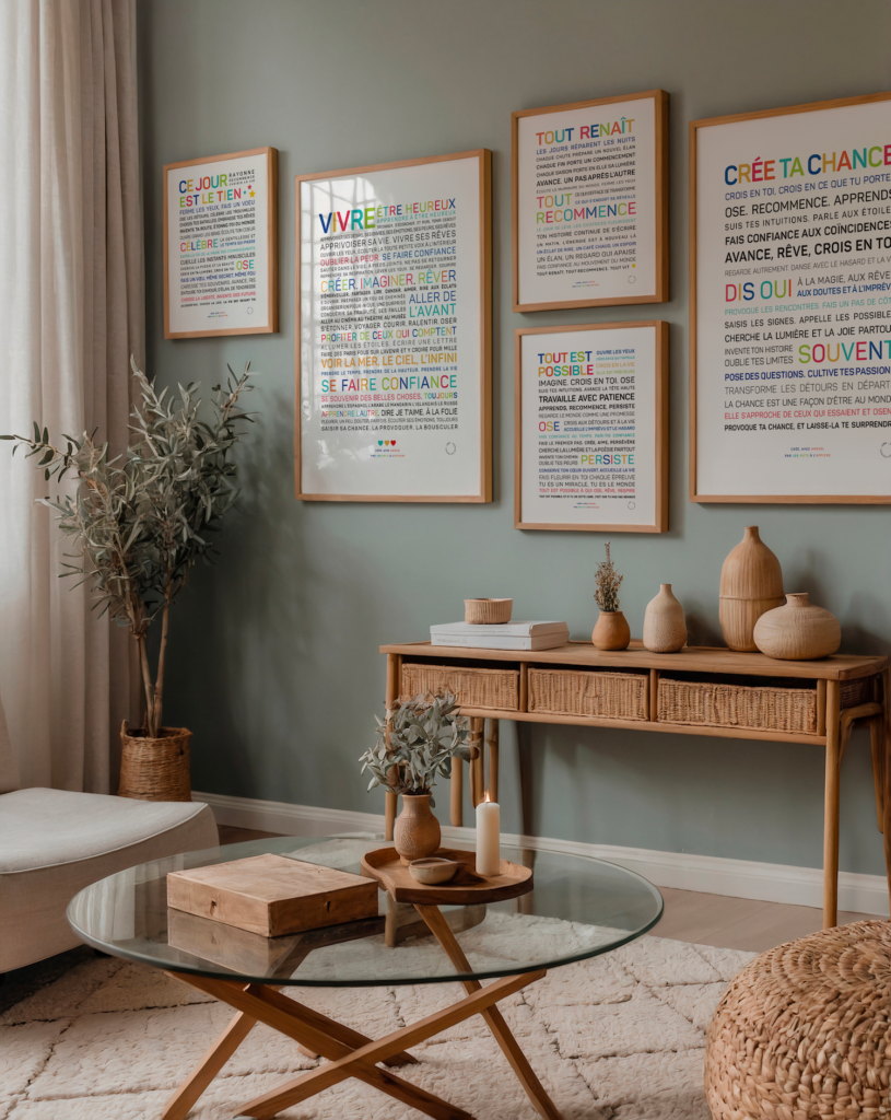 Un salon avec des affiches motivantes encadrées en français, une table basse ronde en verre, des vases décoratifs, ainsi que des meubles et des objets de décoration aux couleurs neutres.