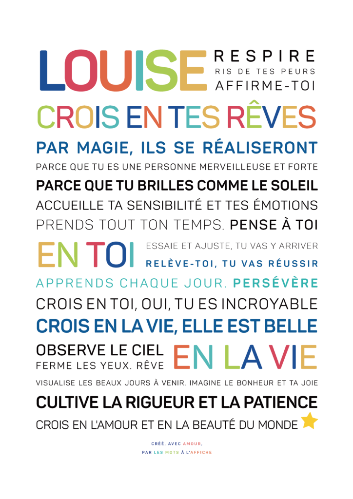 Affiche comportant diverses phrases inspirantes en français, écrites dans différentes polices colorées et en gras.