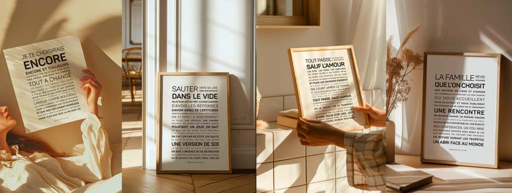 Quatre personnes tiennent chacune une reproduction encadrée comportant un texte en français ; elles sont assises à l'intérieur, baignées de lumière naturelle, dans un décor aux tons neutres agrémenté de fleurs séchées.